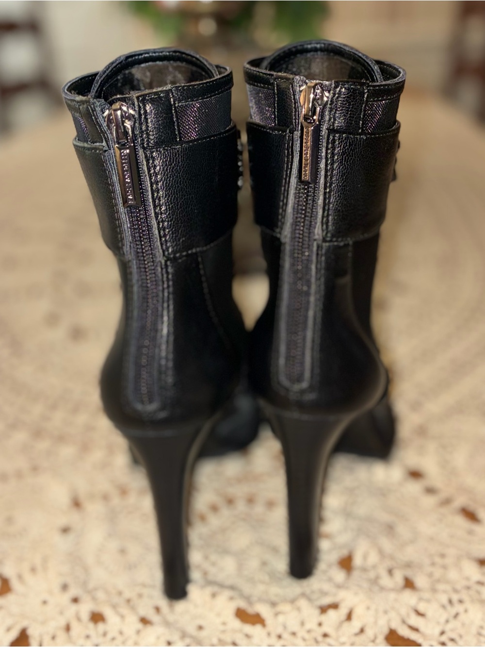 NWOT Karl Lagerfeld Paris Black Mesh Peep-Toe High Heel Booties - Picture 8 of 15